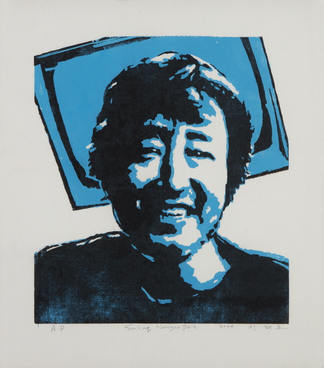 LEE Taeho, Smiling Nam June Paik, 2020, Oil based ink on Hanji, 40x40cm