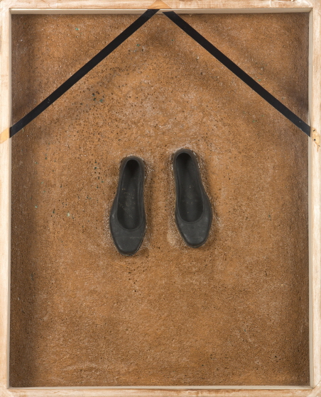 SHIN Kyoungho, With and Without Soul - The Missing, 2001, Briquette ash and rubber shoes on panel, 93x75cm