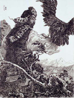 Scenery: a Man Handling an Eagle in Tian Shan, 1960, Etching, 65×48.5cm