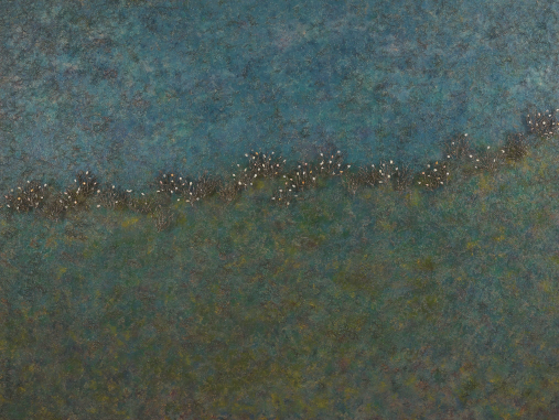 Windy Landscape, 2018, Ottchil (Korean lacquer), hemp cloth, mother-of-pearl, pearl, silver on wood, 122x162cm