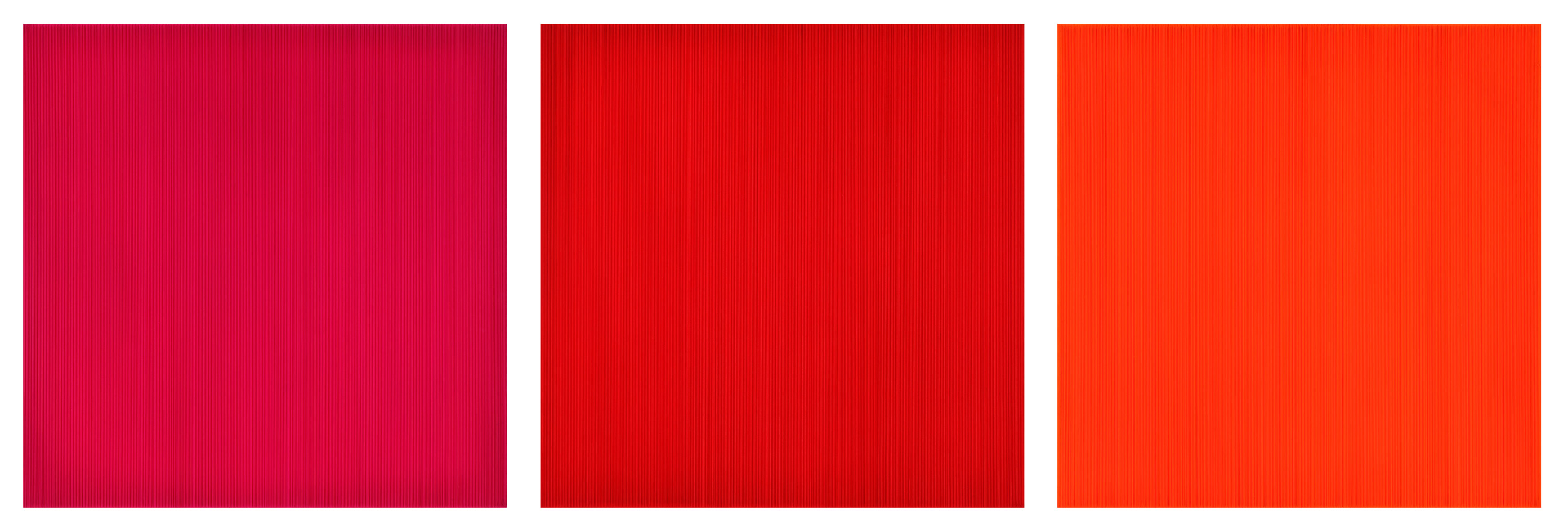 Who likes K magenta, red, orange?, 2016, Epoxy resin, acrylic color, wooden frame, 82.5x82.5x8cm x 3panels