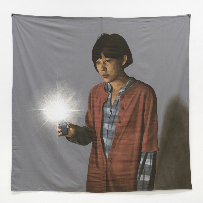 Yeojin, Please Light Up the Flashlight on Your Phone, 2017, Acrylic gouache, gesso on fabric, 210x210cm