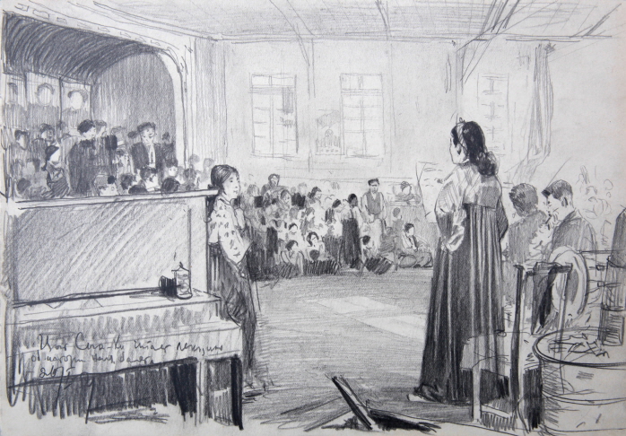 Choi Seunghee Lecturing on the History of Traditional Dance, 1954, Pencil on paper, 20×28.8cm
