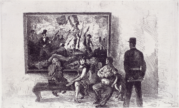 At the Louvre Museum, 1982, Etching, 24.8×40.7cm