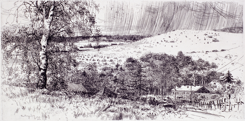 Pushkinskiye Gory, 1962, Etching, 24.5×50cm