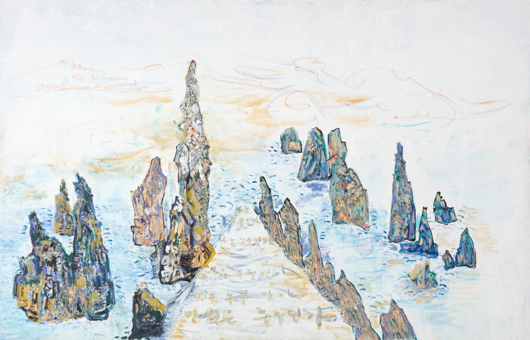KIM Geun Hee, Candlestick Rock from the Album of Landscapes Around Mt. Geumgangsan, 2019, Oil and stone powder on canvas, 130x200cm