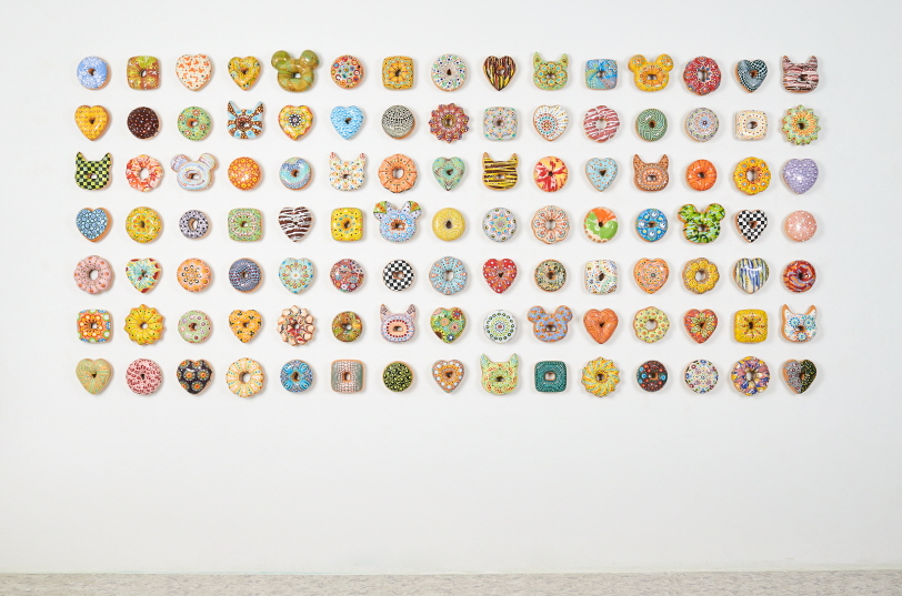 Donut Madness!!, 2012-20, Ceramic, underglaze, glaze, Swarovski crystals, Dimensions variable