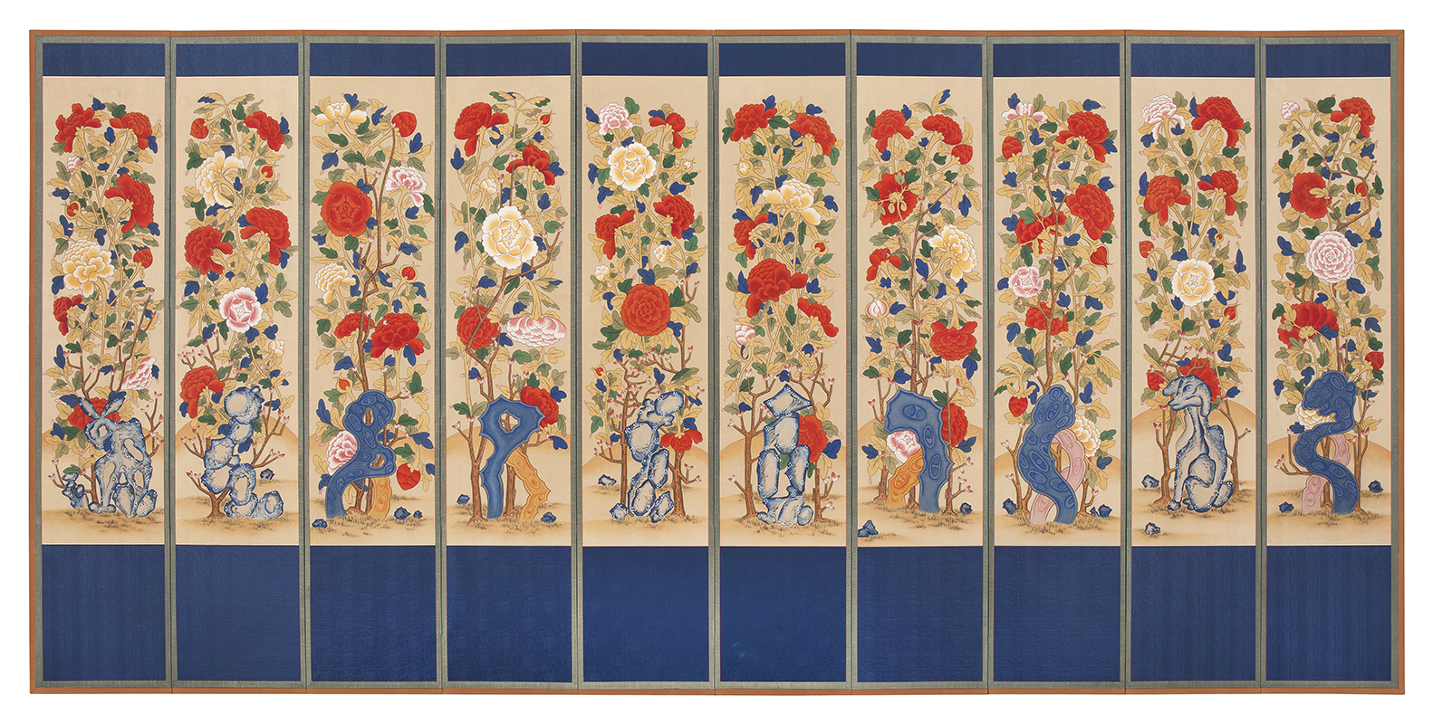 Peonies(Morando), 2012, Color on Korean paper, (39.5 x 145 cm) x 10panels