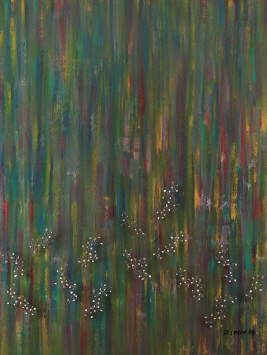 Colors of the Wind, Colors of the Tree, 2018, Ottchil (Korean lacquer), hemp cloth, mother-of-pearl, brass on wood, 162x122cm