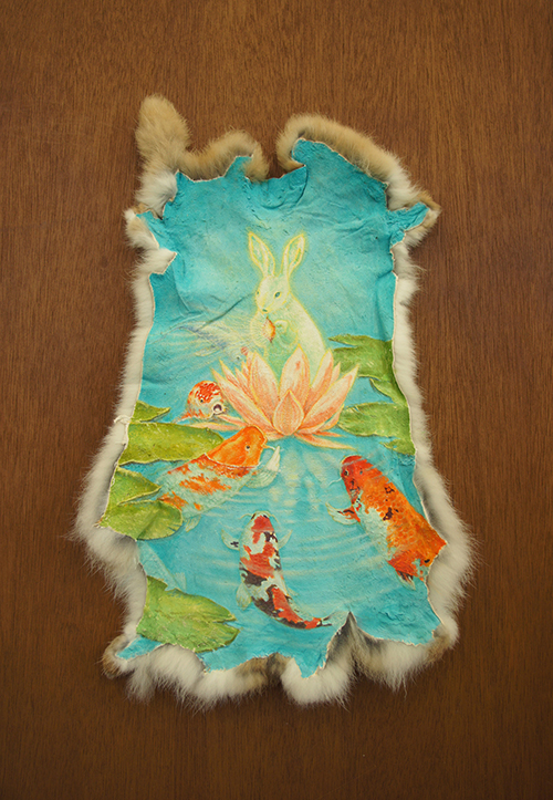 Heart Warming, 2014, Oil on rabbit skin, 48x26m